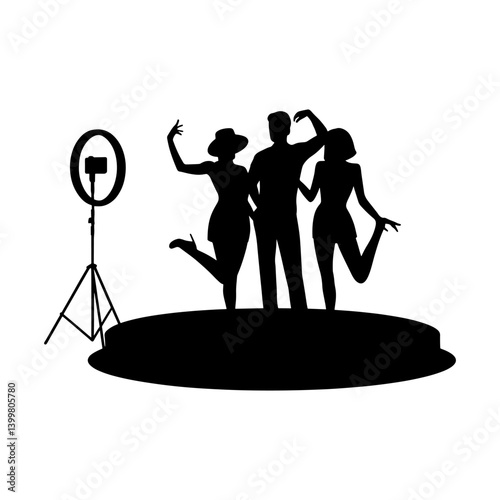 Silhouette of People Posing on 360 Photo Booth with Ring Light and Phone Camera