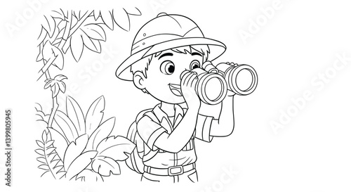 Young Explorer in Safari Attire with Binoculars Spotting Animals