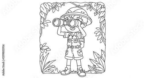 Boy Adventurer in Safari Gear with Binoculars Observing the Landscape
