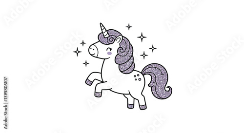 Adorable Unicorn with Curly Mane Prancing Happily Surrounded by Twinkling Stars