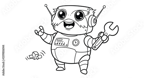 Sweet Plump Robot with Huge Circular Eyes Chuckling and Holding a Spanner
