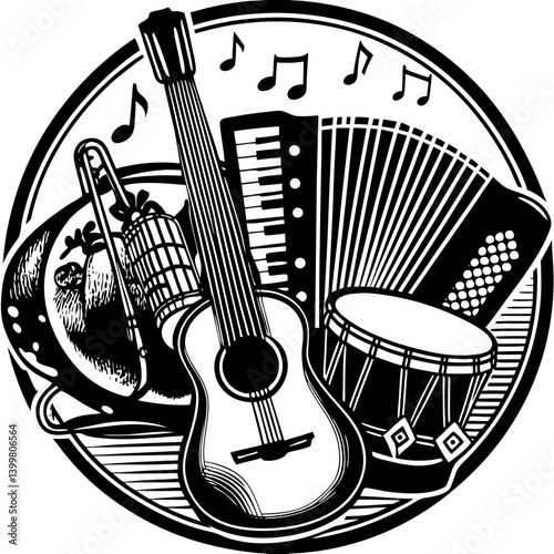 A vibrant celebration of music guitar accordion drums and trombone create a lively melody within a circular design featuring bold black