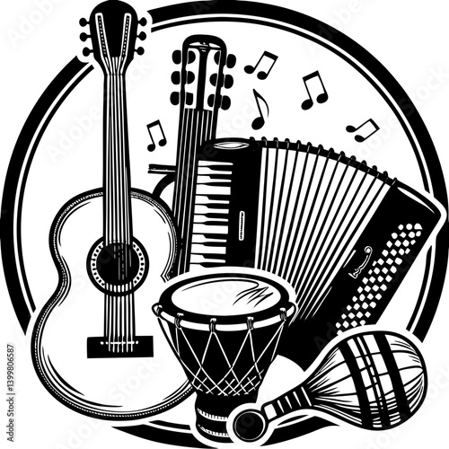 A vibrant collection of musical instruments including an acoustic guitar accordion djembe and maracas perfect for music lovers in a