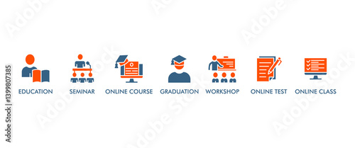 Online training banner web icon vector illustration concept with icon of education, seminar, online course, online test, online class, workshop, graduation, certification