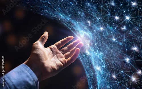 Tecnología virtual en a nube, ciberseguridad al alcance de la mano, programación, escaneado de retina, mano tocando universo virtual