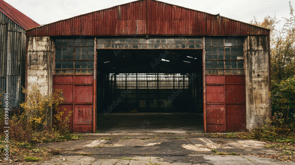 An abandoned warehouse features rusty red doors and weathered walls surrounded by untamed weeds. The atmosphere feels eerie with overcast skies looming overhead, creating a sense of desolation