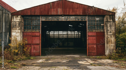 Obraz na płótnie An abandoned warehouse features rusty red doors and weathered walls surrounded by untamed weeds. The atmosphere feels eerie with overcast skies looming overhead, creating a sense of desolation w salonie