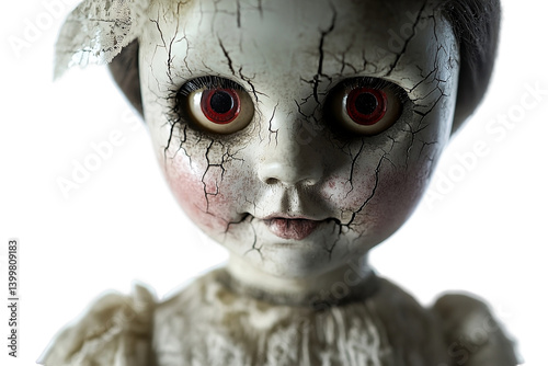 Haunted Victorian doll with cracked porcelain skin and eerie stare On PNG Background