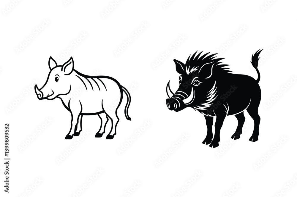 Fototapeta premium Wild Boar Vector Illustration Two Stylized Versions Black And White Design