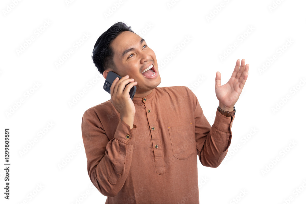 Happy Asian Muslim man talking on mobile phone, having fun during call funny conversation isolated on transparent background Happy Asian Muslim man talking on mobile phone, having fun during call funny conversation isolated on transparent background