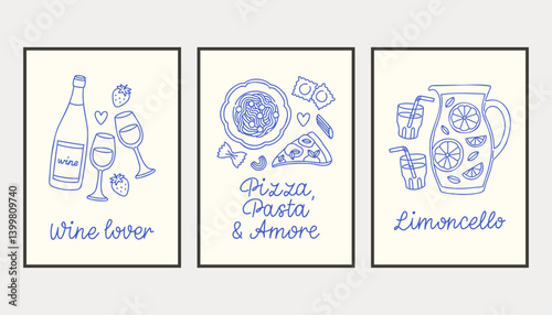 La dolce vita doodles placard or poster set. Vector illustration of italian style hand drawn posters. Wall art prints decor. Illustration for invitations, menus design.
