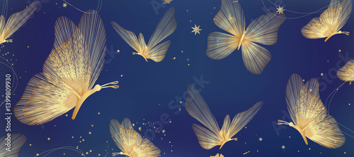Elegant abstract line art on navy blue background. Luxury hand drawn with gold line crane butterfly. Shining lines design for wallpaper, banner, prints, covers, wall art, home decor.