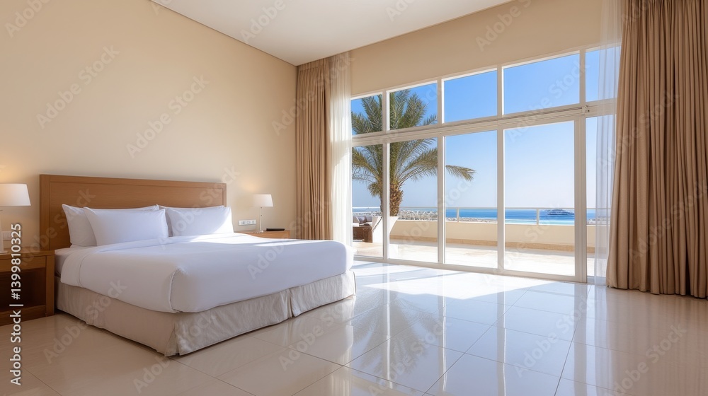 Fototapeta premium Elegant Luxury Hotel Room with Floor to Ceiling Windows