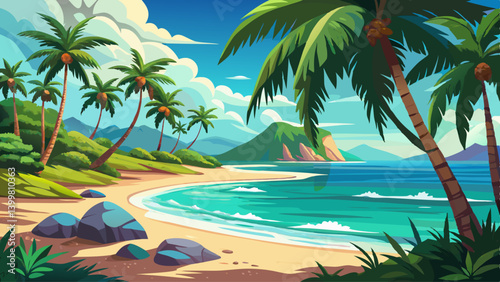 A quiet beach paradise with lush palm trees and turquoise water meeting the horizon