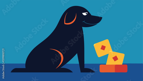 Illustration 2 A sleek black dog with a shiny coat leans forward its front paws resting on the table as it studies the cards in its grip. A friendly golden retriever beside it
