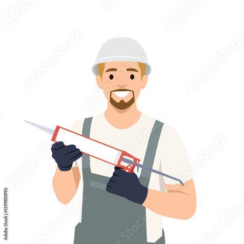 Male worker in overalls and a hard hat holds a caulking gun, Construction or sealing task. Flat vector illustration isolated on white background