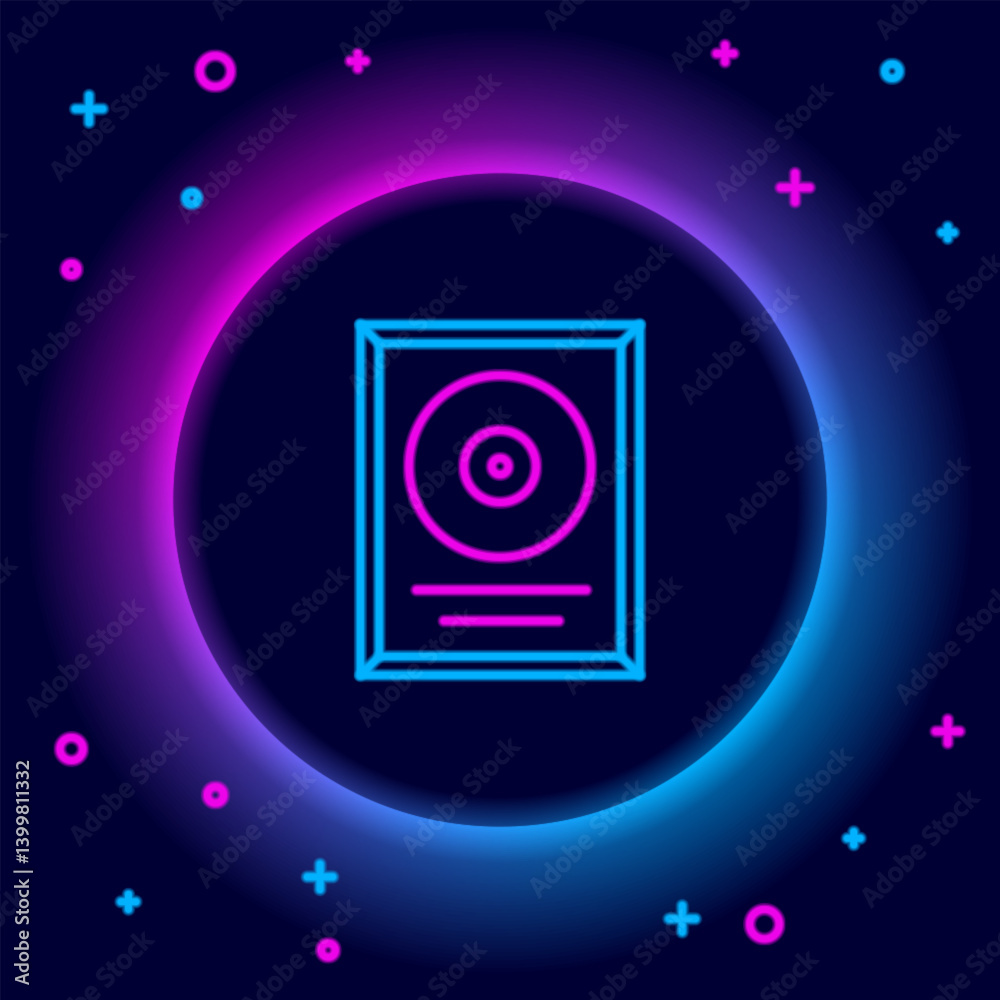 Glowing neon line CD disk award in frame icon isolated on black background. Modern ceremony. Best seller. Musical trophy. Colorful outline concept. Vector Glowing neon line CD disk award in frame icon isolated on black background. Modern ceremony. Best seller. Musical trophy. Colorful outline concept. Vector