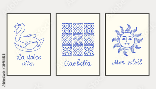 La dolce vita doodles placard or poster set. Vector illustration of italian style hand drawn posters. Wall art prints decor. Illustration for invitations, menus design.