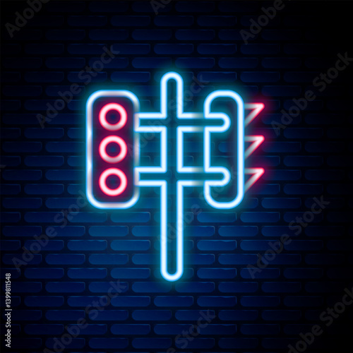 Glowing neon line Traffic light icon isolated on brick wall background. Colorful outline concept. Vector