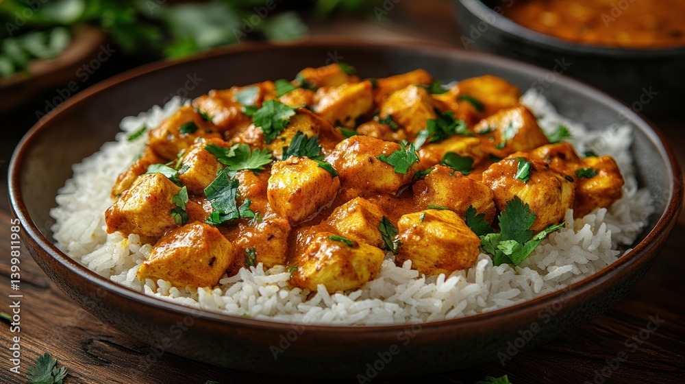 Delicious Chicken Tikka Masala over Rice, Indian Cuisine, Restaurant Style Delicious Chicken Tikka Masala over Rice, Indian Cuisine, Restaurant Style