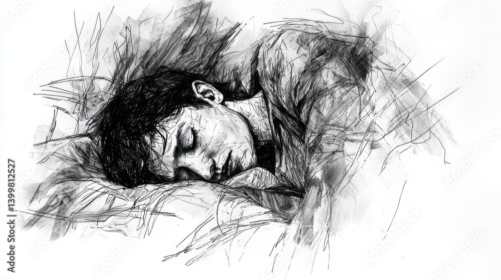 Fototapeta premium Sleeping Figure on Pillow in Artistic Black and White Sketch Style