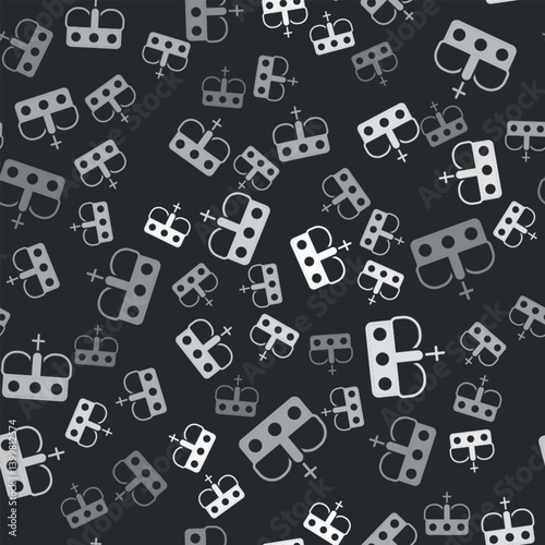 Grey Crown of spain icon isolated seamless pattern on black background. Vector