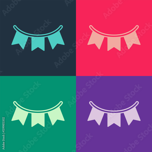 Pop art Carnival garland with flags icon isolated on color background. Party pennants for birthday celebration, festival decoration. Vector