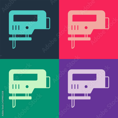 Pop art Electric jigsaw with steel sharp blade icon isolated on color background. Power tool for woodwork. Vector