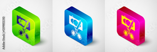 Isometric Scissors cutting money icon isolated on grey background. Price, cost reduction or price reduction icon concept. Square button. Vector