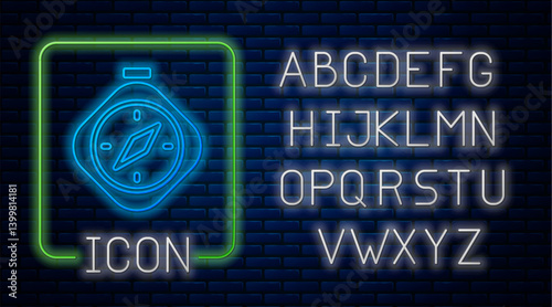 Glowing neon Compass icon isolated on brick wall background. Windrose navigation symbol. Wind rose sign. Neon light alphabet. Vector
