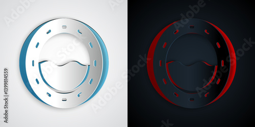 Paper cut Ship porthole with rivets and seascape outside icon isolated on grey and black background. Paper art style. Vector