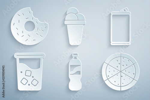 Set Bottle of water, Aluminum can, Glass with, Pizza, Ice cream and Donut icon. Vector