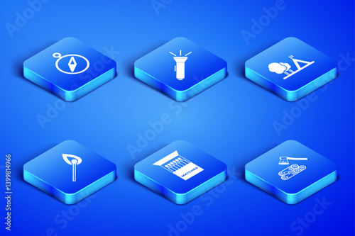 Set Wooden axe and wood, Compass, Open matchbox matches, Burning with fire, Flashlight and Tourist tent flag icon. Vector