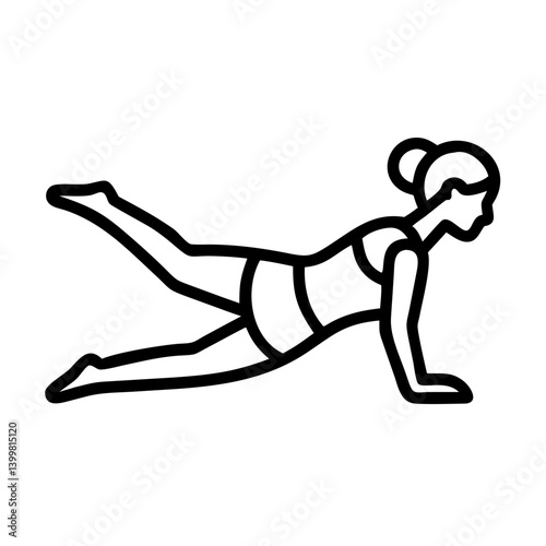 Line icon of woman doing leg lift exercise, black and white, representing fitness or pilates with copy space
