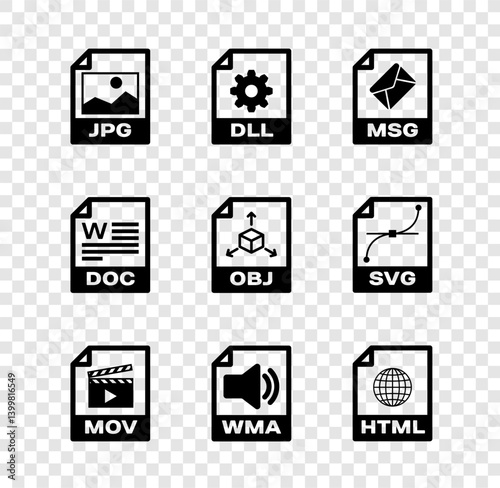 Set JPG file document, DLL, MSG, MOV, WMA and HTML icon. Vector