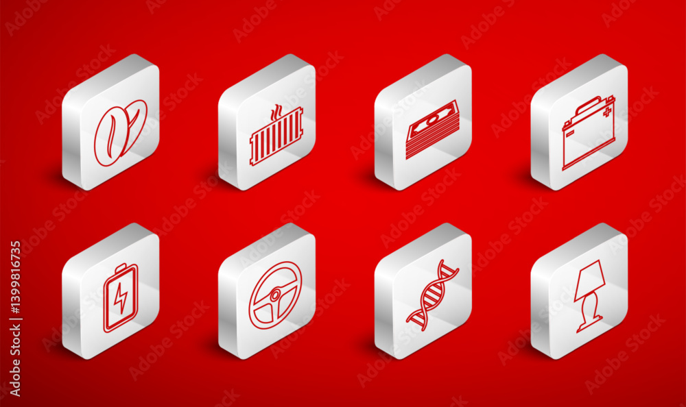 Set line Table lamp, Heating radiator, Stacks paper money cash, Car battery, DNA symbol, Coffee beans, Steering wheel and Battery icon. Vector