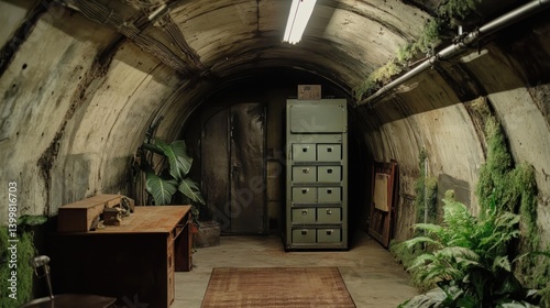 Interior of a vintage underground bunker with aged concrete walls, vintage furniture, and greenery.