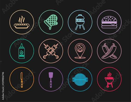 Set line Barbecue grilled shish kebab, Crossed hot chili pepper pod, Grilled, Ketchup bottle, Hotdog sandwich, Location with fire flame and Oven glove icon. Vector