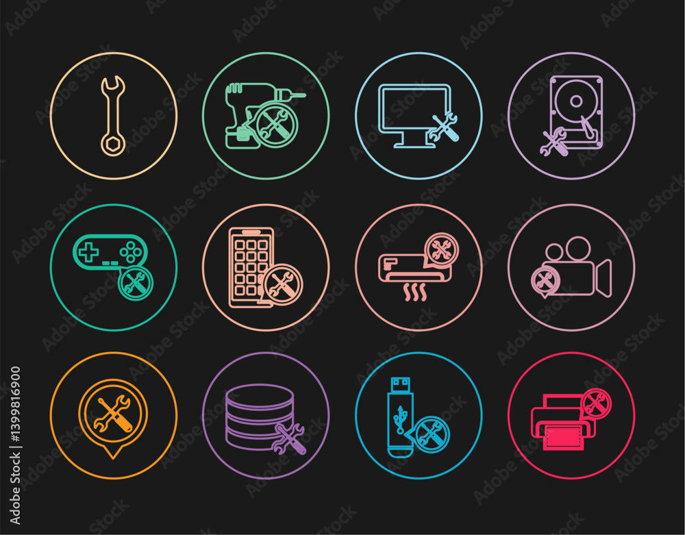 Set line Printer service, Video camera, Computer monitor, Mobile Apps, Gamepad, Wrench, Air conditioner and Drill machine icon. Vector Set line Printer service, Video camera, Computer monitor, Mobile Apps, Gamepad, Wrench, Air conditioner and Drill machine icon. Vector