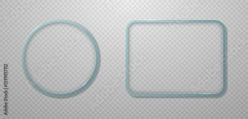 Glass transparent frames of different shapes with shadows and glitter. Vector 3D illustration.