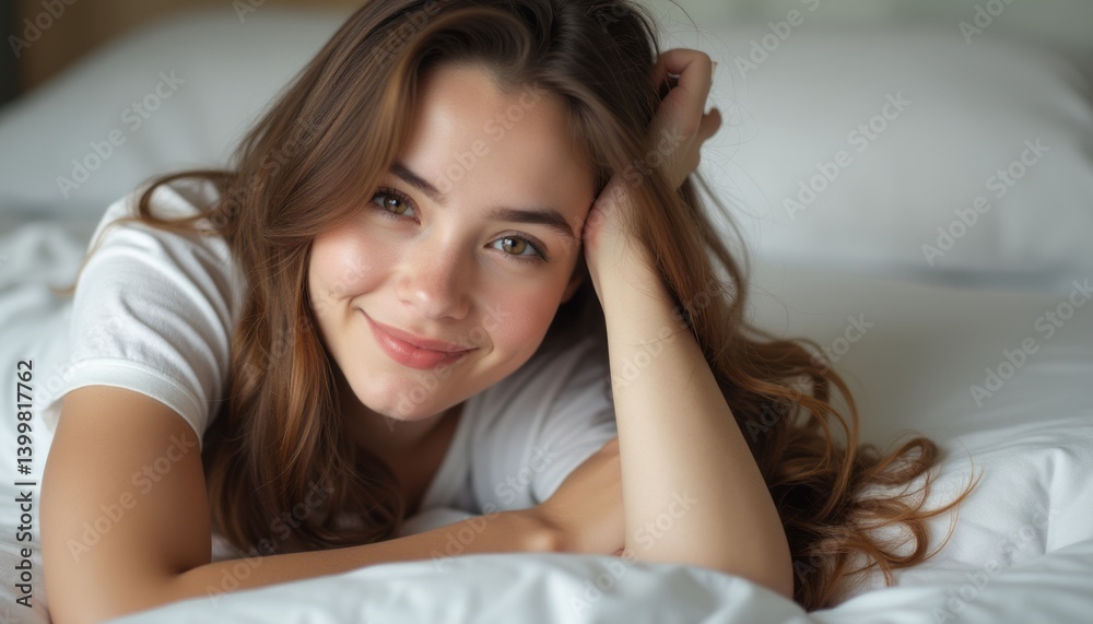 A cheerful young woman with long, flowing hair lies comfortably on a soft bed, exuding warmth and tranquility. Her genuine smile radiates joy, inviting viewers to share in her peaceful moment of A cheerful young woman with long, flowing hair lies comfortably on a soft bed, exuding warmth and tranquility. Her genuine smile radiates joy, inviting viewers to share in her peaceful moment of