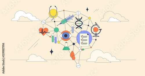 Systems thinking in healthcare visualized with interconnected icons like DNA, heart, and microscope. Neubrutalism style.