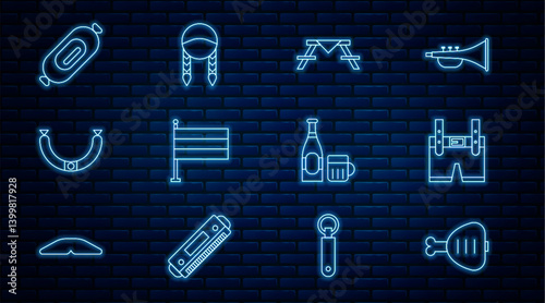 Set line Chicken leg, Lederhosen, Picnic table with benches, National Germany flag, Sausage, Salami sausage, Beer bottle and glass and Braid icon. Vector
