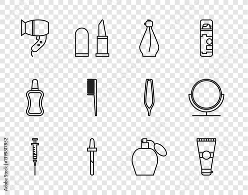 Set line Syringe, Lotion cosmetic tube, Perfume, Pipette, Hair dryer, Hairbrush, and Round makeup mirror icon. Vector