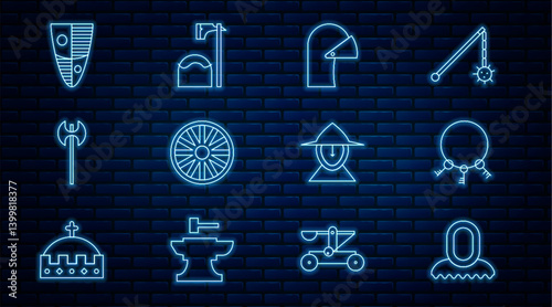 Set line Medieval hood, Old keys, iron helmet, wooden wheel, axe, Shield, and Executioner in tree block icon. Vector