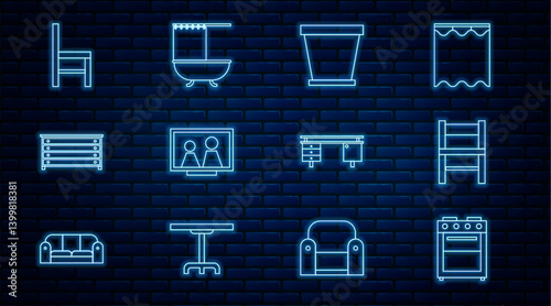 Set line Oven, Chair, Flower pot, Picture frame on table, Chest of drawers, Office desk and Bathtub with shower curtain icon. Vector