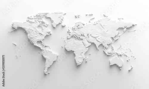World map, 3D relief, white background