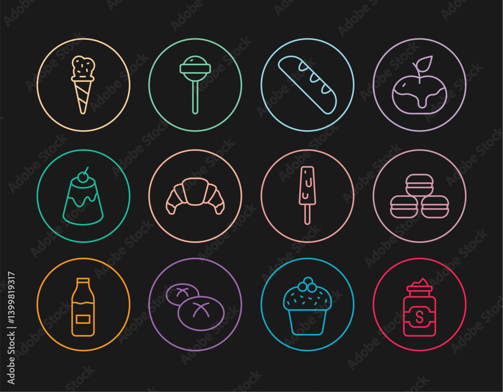 Set line Jar of sugar, Macaron cookie, French baguette bread, Croissant, Pudding custard, Ice cream waffle cone, and Lollipop icon. Vector Set line Jar of sugar, Macaron cookie, French baguette bread, Croissant, Pudding custard, Ice cream waffle cone, and Lollipop icon. Vector
