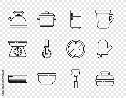 Set line Air conditioner, Cooking pot, Refrigerator, Bowl, Kettle with handle, Pizza knife, Kitchen hammer and Oven glove icon. Vector