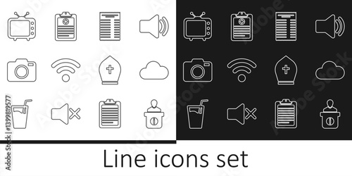 Set line Information desk, Cloud, Paper financial check, Wi-Fi wireless network, Photo camera, Television tv, Pope hat and Clinical record icon. Vector